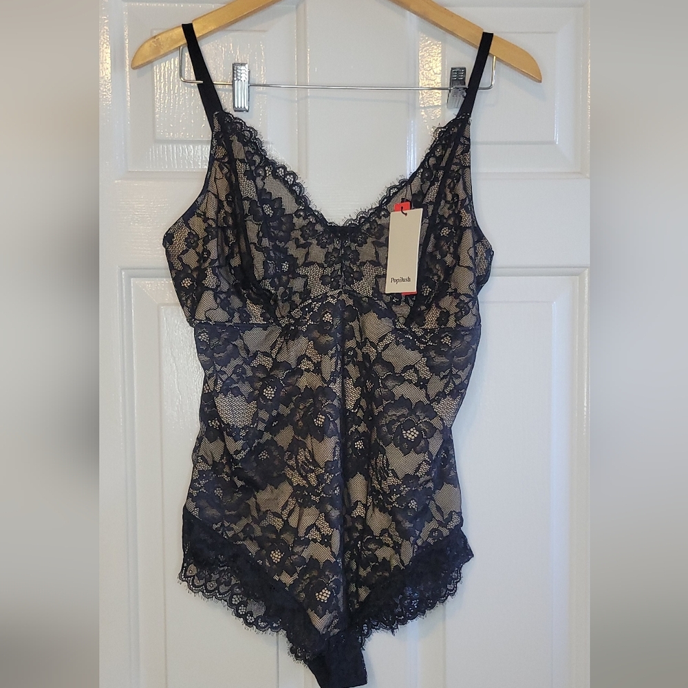 Popilush Lace Deep V-Neck Sculpting Thong Bodysuit